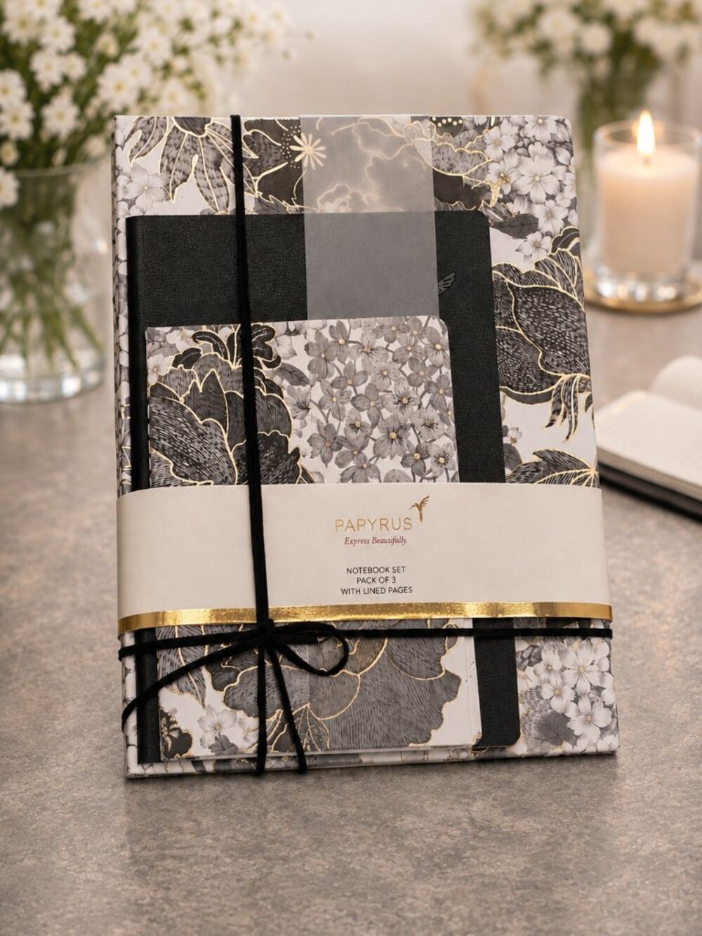Papyrus Elegant Notebook Journal Set 3 Sizes Black White Gold Lined Gift